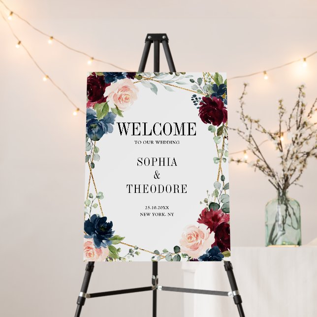 Burgundy Navy Blush Floral Gold Geometric Welcome  Foam Board (In Situ (Stand))