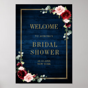 Burgundy Navy Blush Floral Gold Geometric Welcome Poster