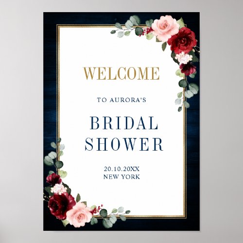 Burgundy Navy Blush Floral Gold Geometric Welcome  Poster
