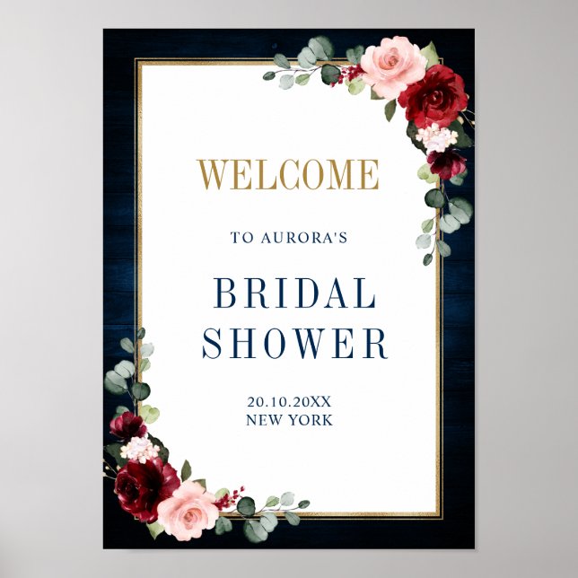 Burgundy Navy Blush Floral Gold Geometric Welcome  Poster (Front)