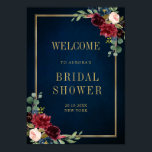 Burgundy Navy Blush Floral Gold Geometric Welcome Poster<br><div class="desc">Elegant and modern romantic geometric watercolor floral bridal shower welcome poster features a beautiful burgundy / marsala , blush pink, peach , navy blue watercolor roses with matching foliage on navy blue rustic wood background and gold frame. Perfect for a fall / midsummer wedding. Please find more matching designs and...</div>