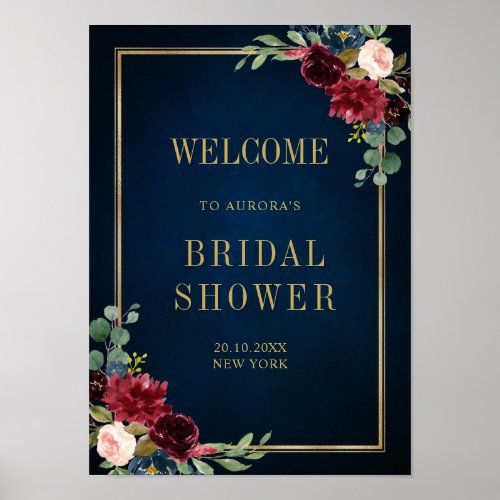 Burgundy Navy Blush Floral Gold Geometric Welcome Poster