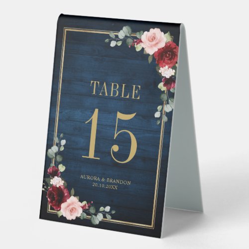 Burgundy Navy Blush Floral Gold Table number Table Table Tent Sign