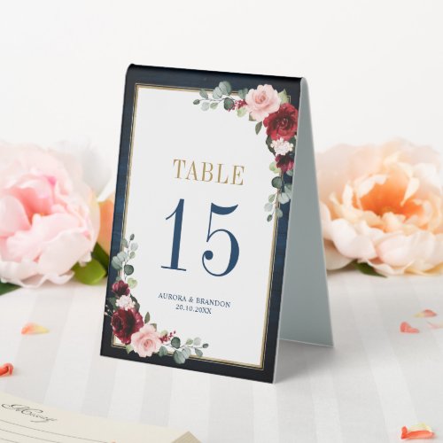 Burgundy Navy Blush Floral Gold Table number Table Table Tent Sign