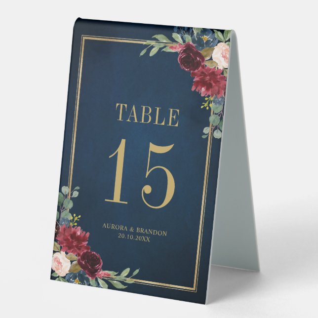 Burgundy Navy Blush Floral Gold Table number Table Tent (Front)