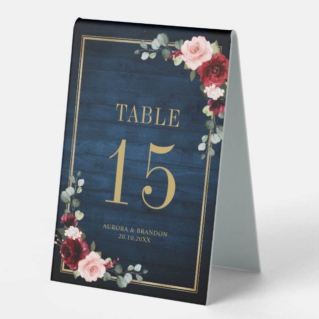 Burgundy Navy Blush Floral Gold Table number Table Tent (Front)