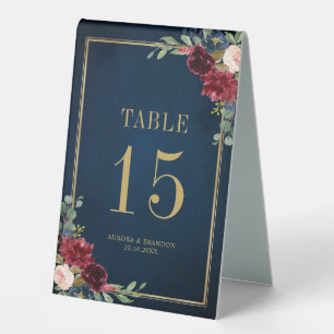 Burgundy Navy Blush Floral Gold Table number Tent