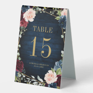Burgundy Navy Blush Floral Gold Table number Tent