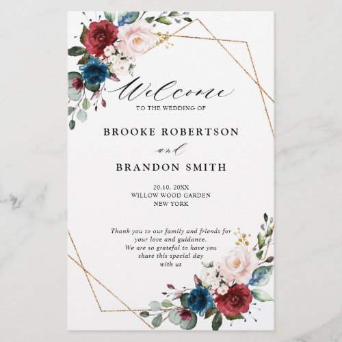 Burgundy Navy Blush Floral Gold Wedding Program