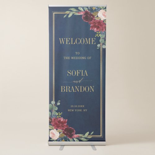 Burgundy Navy Blush Floral Gold Wedding Welcome Retractable Banner