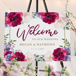 Burgundy Navy & Blush Floral Gold Welcome Wedding  Foam Board
