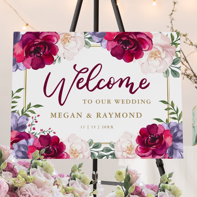 Burgundy Navy & Blush Floral Gold Welcome Wedding  Foam Board (Creator Uploaded)
