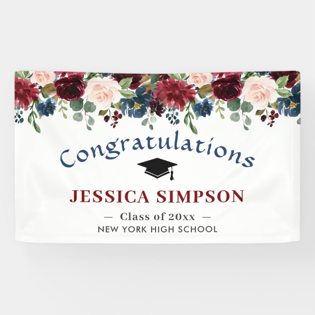 Burgundy Navy Blush Floral Graduation Class 2026  Banner (Horizontal)