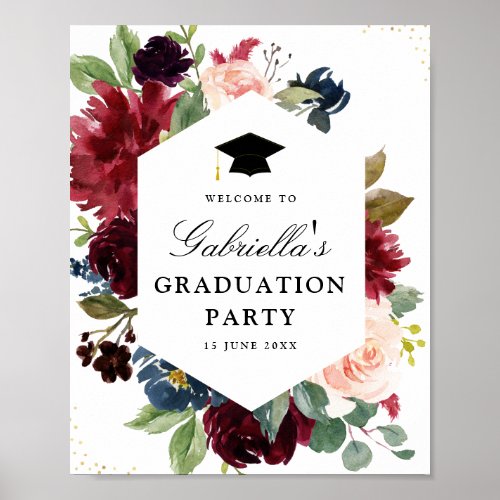 Burgundy navy  blush floral graduation party sign