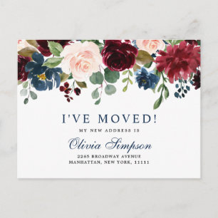 Burgundy Navy Blush Floral Moving Announcement Postcard
