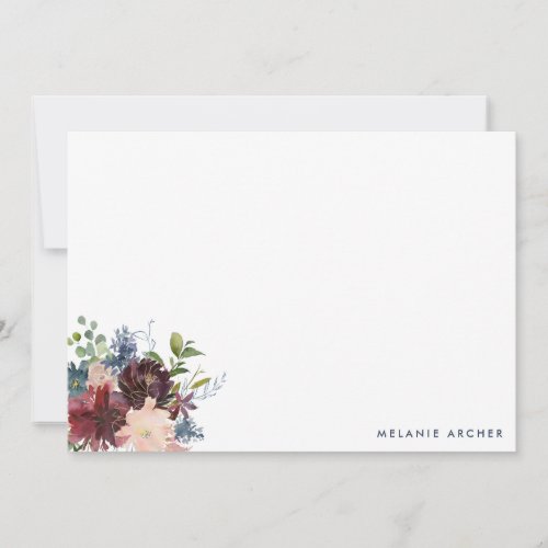 Burgundy Navy  Blush Floral Personalized Note Card