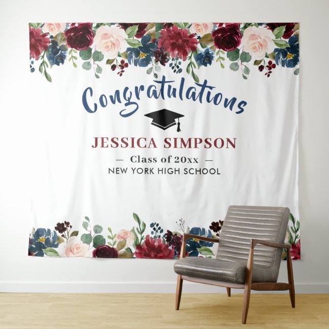 Burgundy Navy Blush Floral Photo Booth Backdrop (In Situ (Horizontal))