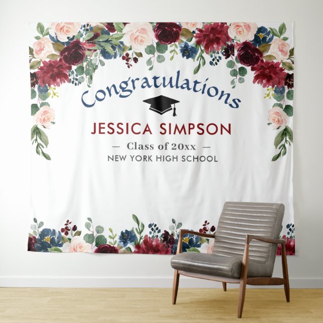 Burgundy Navy Blush Floral Photo Graduate Backdrop (In Situ (Horizontal))