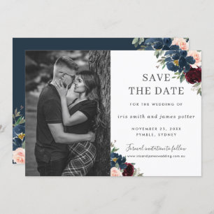 Burgundy Navy Blush Floral Photo Save the Date Invitation