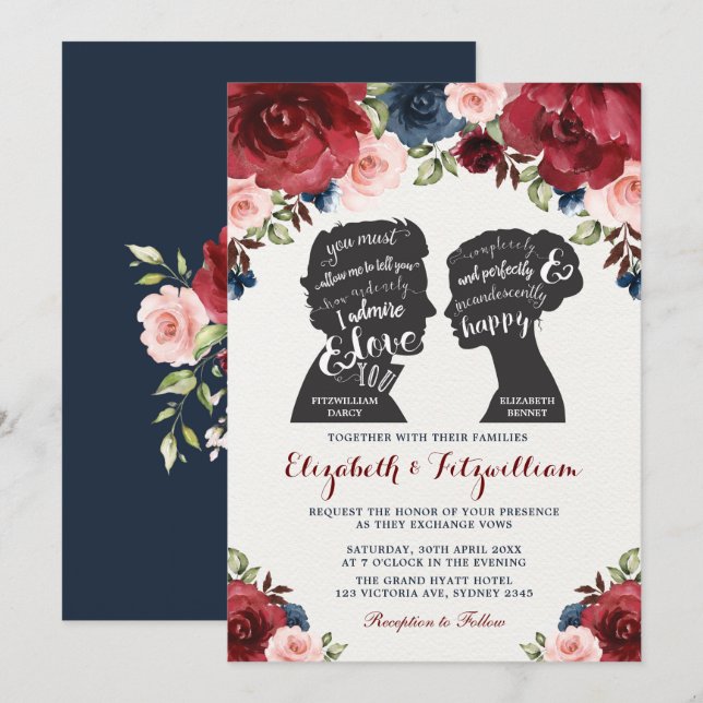 Burgundy Navy Blush Floral Pride Prejudice Wedding Invitation (Front/Back)