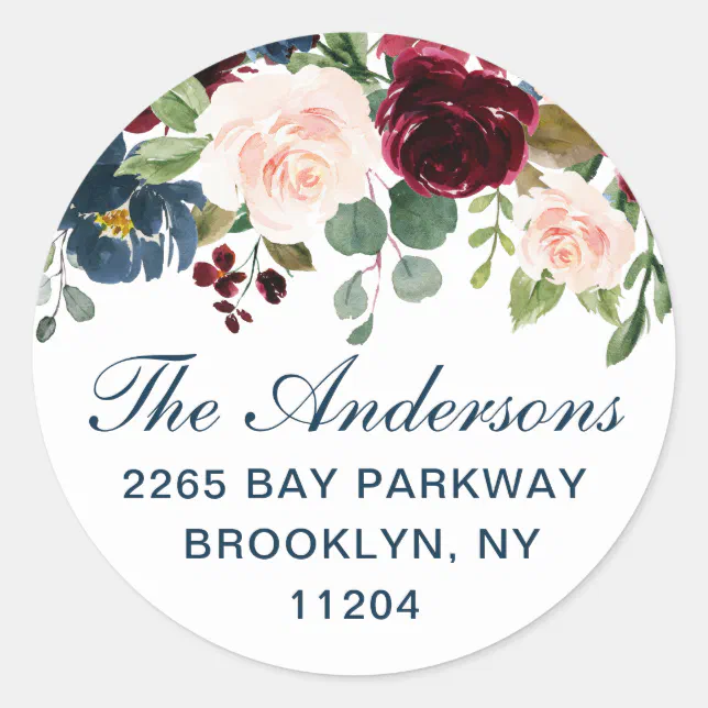 Burgundy Navy Blush Floral Return Address LABEL | Zazzle