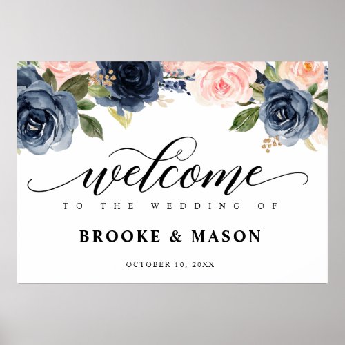 Burgundy Navy Blush Floral Rustic Wedding Welcome Poster