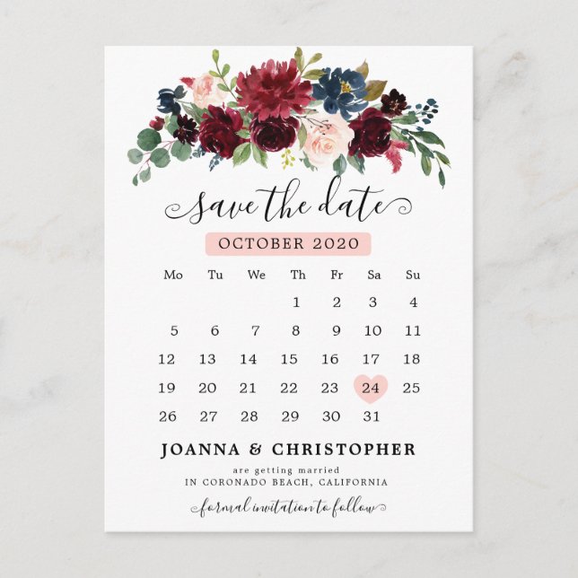 Burgundy Navy Blush Floral Save the Date Postcard (Front)