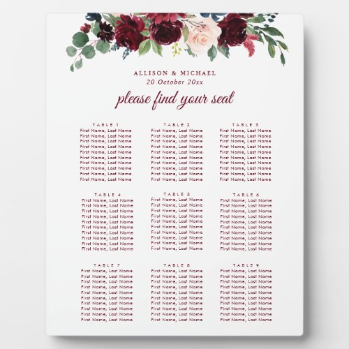burgundy navy blush floral seating chart plaque