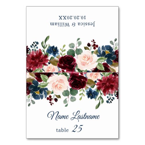 Burgundy Navy Blush Floral Wedding Escort Card