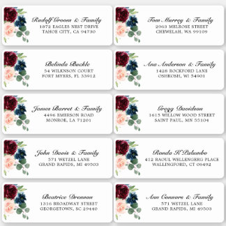 Burgundy Navy Blush Floral Wedding Guest Address Sticker