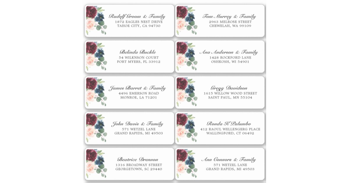 Burgundy Navy Blush Floral Wedding Guest Address Sticker | Zazzle