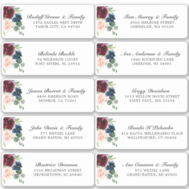 Burgundy Navy Blush Floral Wedding Guest Address Sticker | Zazzle