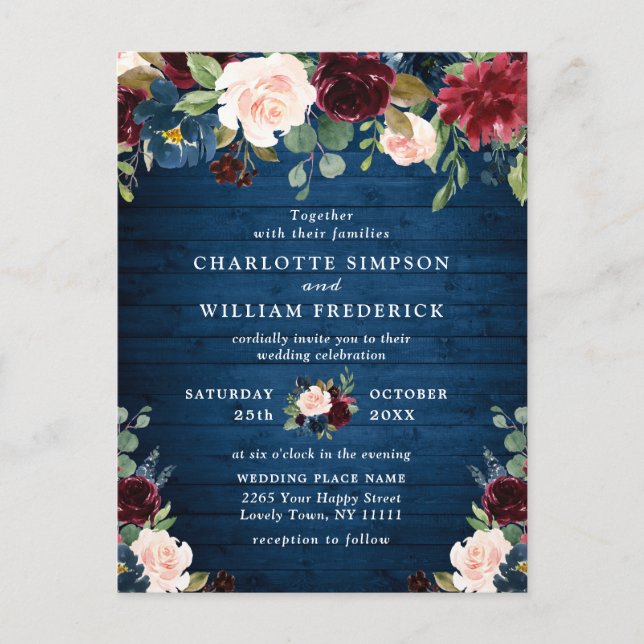 Burgundy Navy Blush Floral Wedding Invitations (Front)