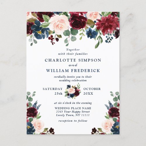 Burgundy Navy Blush Floral Wedding Invitations