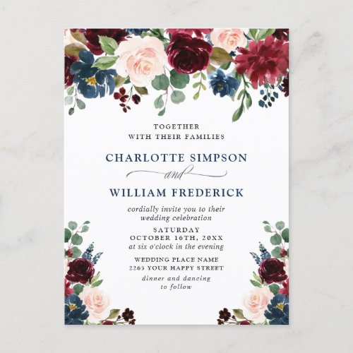 Burgundy Navy Blush Floral Wedding Invitations