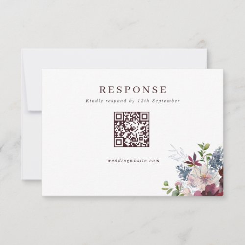 Burgundy Navy  Blush Floral Wedding QR Code RSVP Card