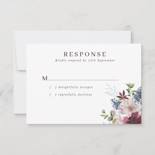 Burgundy Navy  Blush Floral Wedding RSVP Card