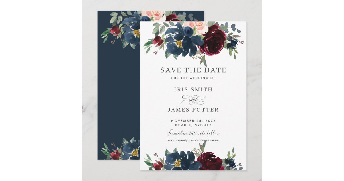 Burgundy Navy Blush Floral Wedding Save the Date Invitation | Zazzle