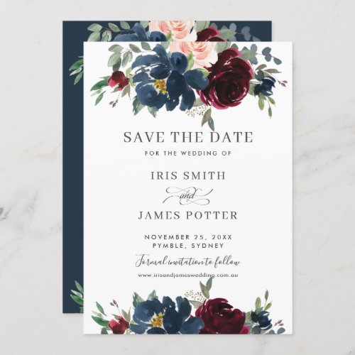 Burgundy Navy Blush Floral Wedding Save the Date Invitation