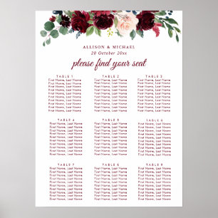 burgundy navy blush floral wedding seating chart