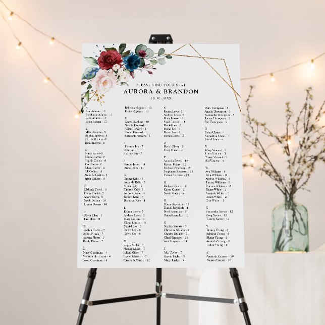 Burgundy Navy Blush Floral Wedding seating chart Foam Board (In Situ (Stand))