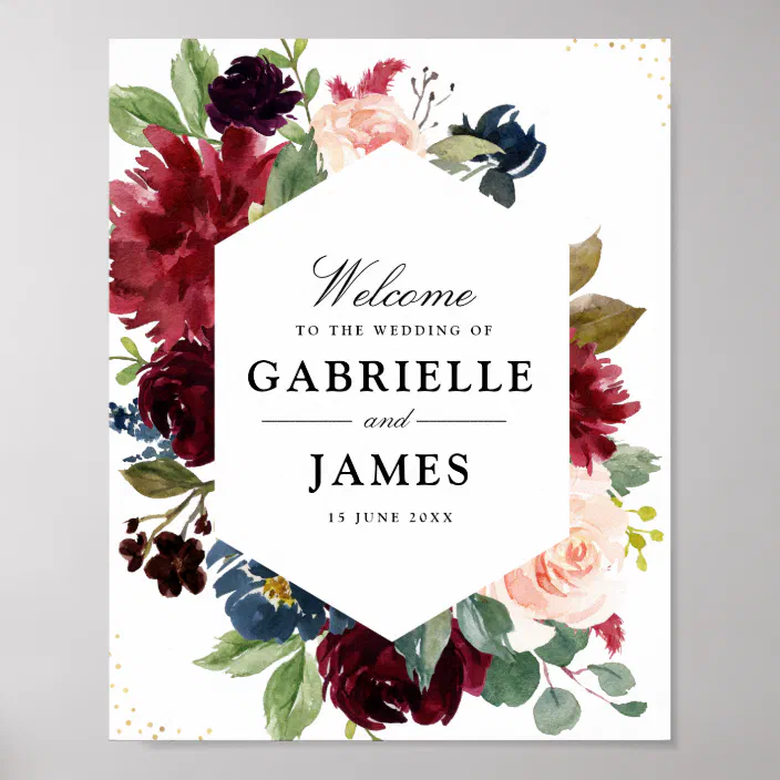 Burgundy Navy Blush Floral Wedding Sign Zazzle Com