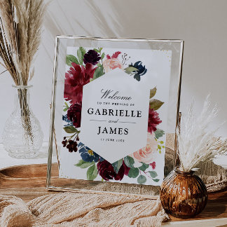 Burgundy navy & blush floral wedding sign