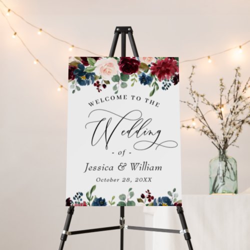 Burgundy Navy Blush Floral Wedding Welcome Foam Board