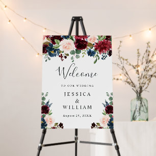 Burgundy Navy Blush Floral Wedding Welcome Foam Board