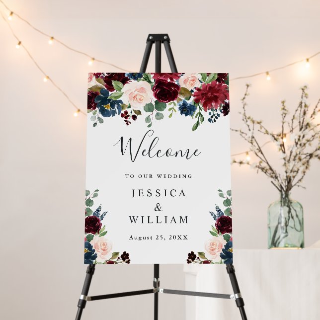 Burgundy Navy Blush Floral Wedding Welcome Foam Board (In Situ (Stand))
