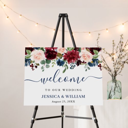 Burgundy Navy Blush Floral Wedding Welcome Foam Board