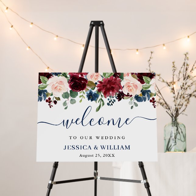 Burgundy Navy Blush Floral Wedding Welcome Foam Board (In Situ (Stand))