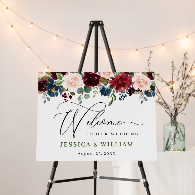 Burgundy Navy Blush Floral Wedding Welcome Foam Board (In Situ (Stand))