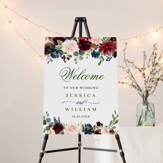 Burgundy Navy Blush Floral Wedding Welcome Foam Board (In Situ (Stand))